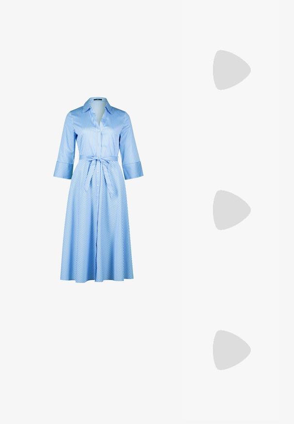 Robe chemise rayée bleue et blanche avec un devant boutonné, un col, des manches trois-quarts et une ceinture assortie à la taille.; Sandales en cuir vegan doré avec deux brides réglables, bride en liège et semelle en caoutchouc noir. Texture lisse avec finition métallique.; Lunettes de soleil rectangulaires avec une monture en plastique écaille de tortue, verres sombres et accents en métal argenté sur les côtés. Fabriquées en Italie.; Sac en cuir brun à bandoulière avec motif logo, bandoulière en chaîne dorée, fermeture éclair et accents de quincaillerie dorée. Forme compacte et rectangulaire.