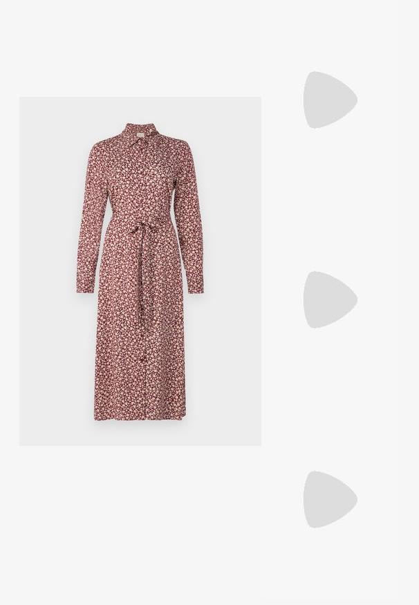 Rochie cu mâneci lungi din material bordeaux, cu un model floral în crem. Detalii cu funda la talie și la guler. Textură netedă, lungime midi.; Sandale negre cu toc înalt au curele subțiri cu un design legat, un vârf pătrat neted și un toc stiletto elegant.; Geantă metalică gri deschis, cu un strap din lanț, decorată cu mici ținte circulare metalice și un logo de marcă triangular.; Cercei rotunzi din argint cu un finisaj neted și strălucitor. Design ușor, având o formă rotundă și închidere cu tijă.