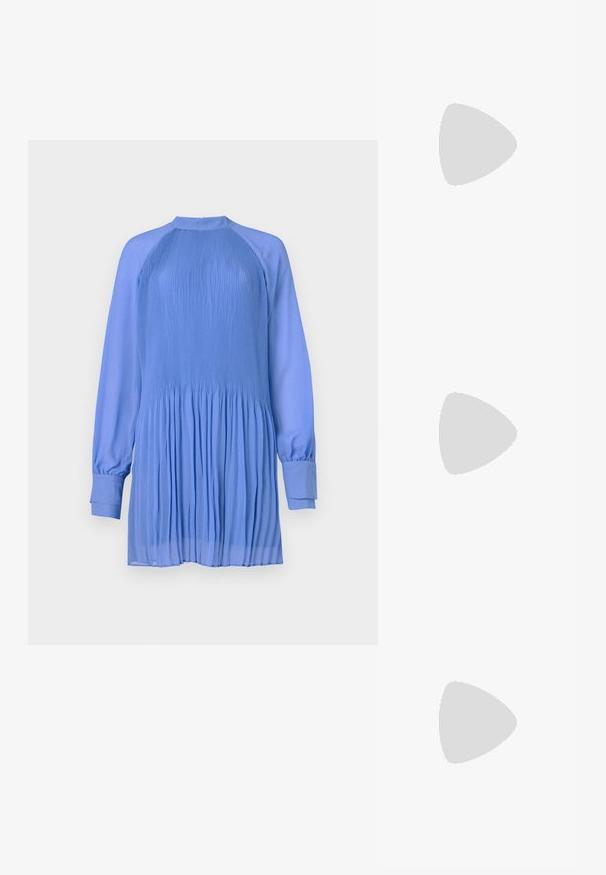 Pleated blue dress with long, puffed sleeves and a high neckline. Made of lightweight fabric, featuring a textured, vertical design.; Black high-heeled sandals feature thin straps with a knotted design, a smooth square toe, and a sleek stiletto heel.; Light gray metallic handbag featuring a chain strap, embellished with small circular metallic studs and a triangular brand logo.; Silver hoop earrings with a smooth, shiny finish. Rounded shape, lightweight design, featuring a post-back closure.