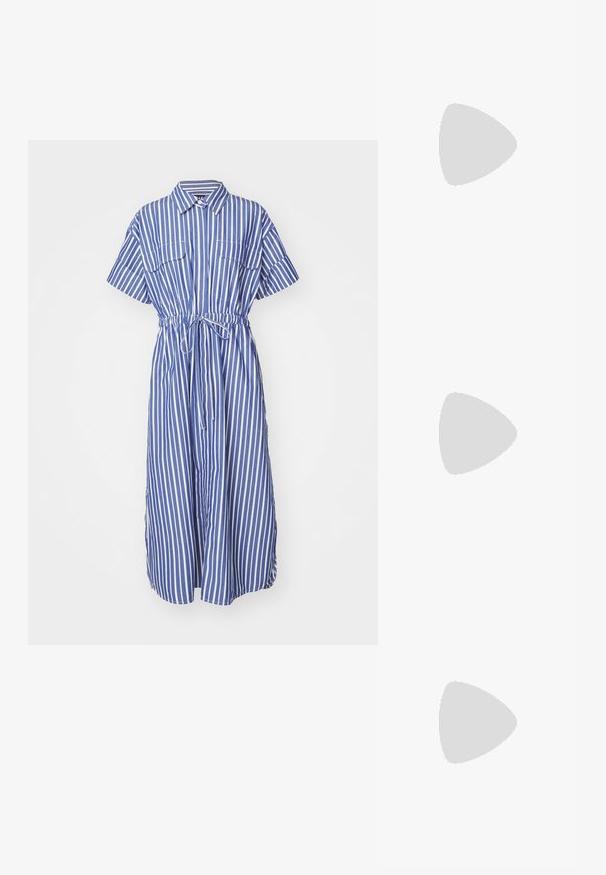 GAP CUTOUT MIDI SHIRTDRESS - Kreklkleita - blue; Melna lakota āda ar atvērto papēdi, ar smailu purngalu un ģeometrisku blokpapēdi. Iezīmējas elegants, minimāls dizains un gluda tekstūra.; Balta sintētiska soma ar trīsstūrveida formu, plakanu priekšējo vāciņu un loku detaļu, regulējamu siksnu, gludu tekstūru un minimālistisku dizainu.; Sudraba riņķa auskari ar gludu, pulētu apdari. Apaļa forma, vienāda platuma, izstrādāti vieglai aizdarei. Vienkārši un eleganti.