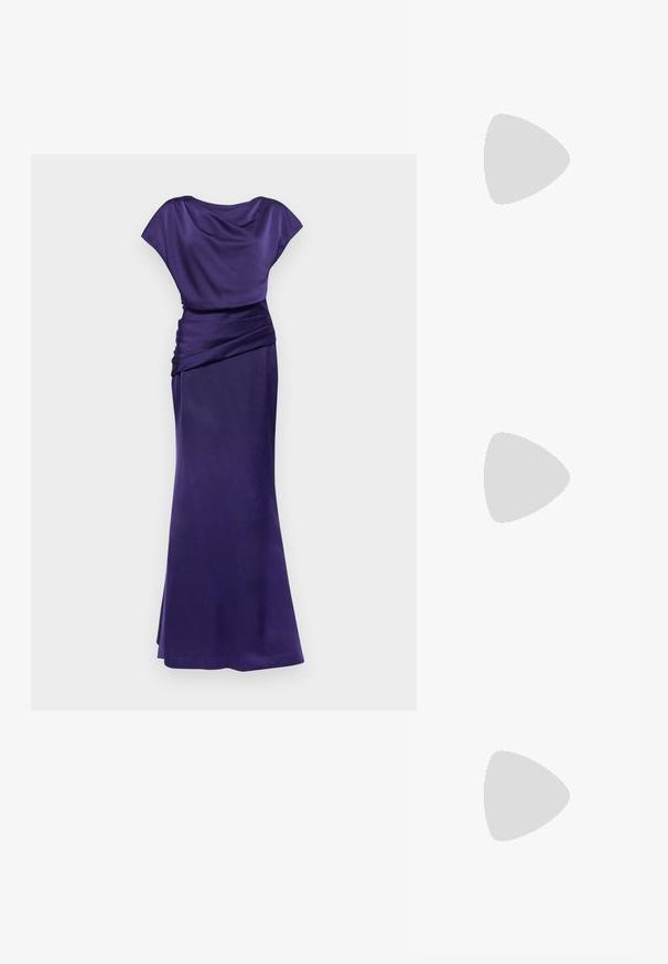 Halston LISSANDRA GOWN - Alkalmi viselet - purple; Fekete pántos szandál négyzetes orral és alacsony blokk sarkal. Több vékony pánttal és állítható boka pánttal rendelkezik. Sima bőrből készült.; Fekete macskaszem napszemüveg matt felülettel, szürke árnyalatú lencsékkel, éles vonalakkal és karcsú oldalsó karokkal. A márkaneve látható a belső karon.; Fekete velúr kisestély tasak cipzárral és levehető csuklópánttal. Aranyszínű hardware-rel és sima, matt textúrával rendelkezik.