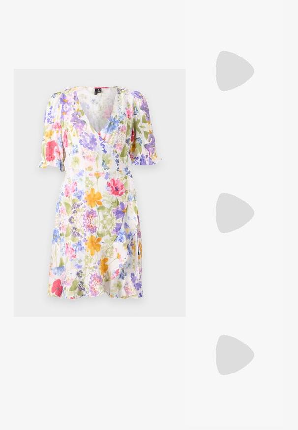 Rochie înflorată cu mâneci scurte și puff, decorată cu flori multicolore în nuanțe de roz, violet, albastru și galben pe un fundal alb. Material ușor.; Sandal cu barete negre, cu vârf pătrat și toc mic de bloc. Prezintă mai multe barete subțiri și o bareta ajustabilă la gleznă. Fabricat din piele netedă.; Geantă structurată albă, cu mânere scurte și curea de umăr, având accente din metal aurit și material texturat, expusă pe un fundal gri.; Iarba de aur cu un design neted, răsucit. Prezintă o suprafață lustruită și marginile rotunjite, creând o formă fluidă, continuă.