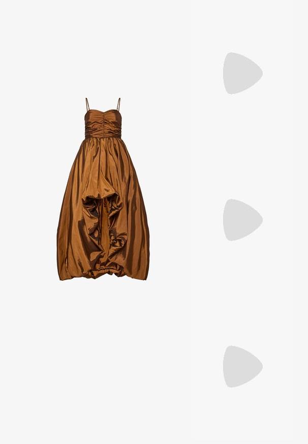 Bronze satin dress with a structured bodice featuring ruching, thin straps, and a voluminous skirt with gathered detailing at the hem.; Black patent leather slingback shoe with pointed toe, ankle straps featuring silver buckles and hardware, and a slender heel.; Gold metallic handbag with a structured design, smooth texture, and adjustable strap. Features a unique triangular shape and minimalist stitching.; Gold-tone earrings featuring textured, wavy shapes. Includes sculptural clip-on studs and open hoop design with a hammered finish.