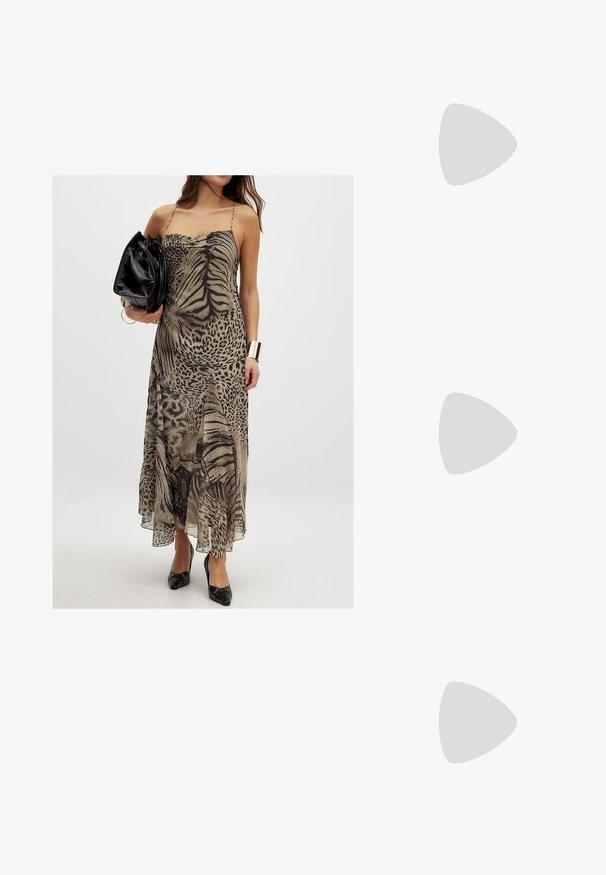 NA-KD Maksimekko - animal print; Fringe nilkkurit vaaleassa mokassa, joissa on kolme kerroksellista fringia. Teräväkärkiset ja matalalla blokkikorkealla varustetut. Tasainen pinta kauttaaltaan.; Silmustäkkilised prillid ovaalsete raamidega, pruunid läätsed ja õhukesed mustad käepidemed, millel on peened mustri aksendid.; Kaksi rengasta päällekkäin; päällimmäinen on amber-värinen kiehkuroilla ja alhaalla vaaleanbeige; molemmat ovat sileitä ja kiiltävää hartsia.
