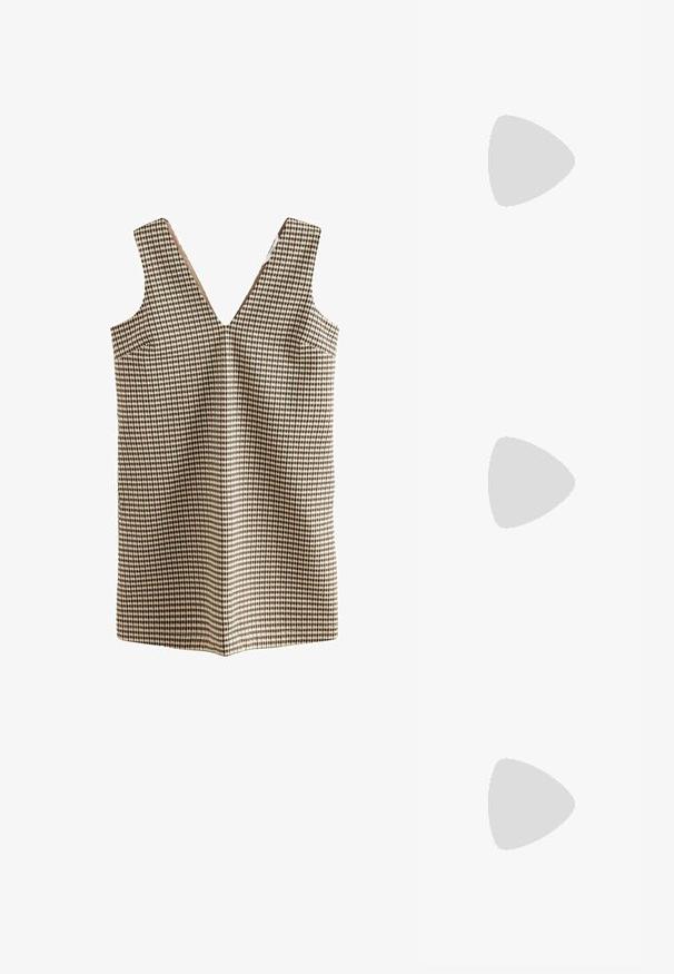 Ruudullinen mekko V-pääntiöllä, valmistettu beige-, ruskea- ja mustakankaisesta kankaasta. Omaavansa kaksi sivutaskua eikä kiinnityksiä.; Ruske nubuk otvorene mule s izraženim zakrivljenim dizajnom, niskom štiklom i glatkim, minimalističkim linijama.; Mustat ylisuuruiset aurinkolasit, jotka ovat soikeat linssit, sileä muovikehys ja kultaiset korostukset temppeleissä. Tummat linssit tarjoavat suojaa auringolta.; Kudotusta oljista valmistettu käsilaukku, jossa on bambukahvat. Laukku on koristeltu tekstuurilla ja hapsuilla luonnollisessa beigeissä värissä sekä kultaketjuhihnalla.