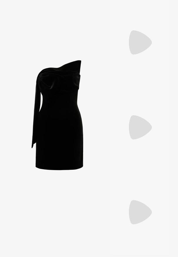 Forever New MAIA BOW MINI - Koktel haljina / svečana haljina - black; Zlatni metalik slingback sandali s šiljatim vrhom i debelim potpeticama. Glatka tekstura, minimalistički dizajn i uski remen.; Zlatna metalna torba s uređenim dizajnom, glatkom teksturom i podesivim remenom. Ima jedinstven trokutasti oblik i minimalističko šivanje.; Naušnice zlatne boje s teksturiranim, valovitim oblicima. Uključuju skulpturalne kopče i dizajn otvorene kružnice s kovanom završnom obradom.