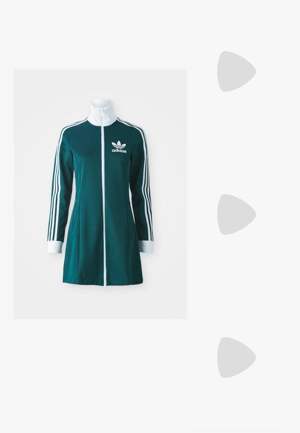 Teal träningsjacka med vit dragkedja, prydd med tre vita ränder på ärmarna och Adidas-logotypen på bröstet.; Svart läder snörboot med tjock sula med mönster och gul söm, upphängd mot en gul cirkulär bakgrund.; Solglasögon med en elegant, silver metallram, gråtonade linser och en aerodynamisk design med spetsiga kanter och tunna bågar.; Guldiga hoopsörhängen, tunna och runda i formen, med en slät metallisk finish utan utsmyckningar eller mönster.