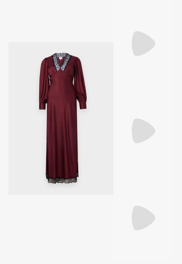 Maisonêtre MILA DRESS - Robe de soirée - deep red; Baskets en cuir blanc, design bas, avec une texture lisse, bout rond, lacets à l'avant et un petit logo brodé sur le côté.; Sac seau en cuir noir avec une finition texturée, accents en matériel doré et une ouverture en haut. Il dispose d'une courte poignée et d'une sangle d'épaule réglable.; Boucles d'oreilles avec clou en métal doré et design torsadé. Chaque boucle d'oreille est dotée d'un arrière transparent circulaire pour un port sécurisé.
