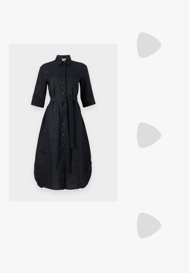Rochie din in negru, cu mâneci scurte, design cu nasturi, buzunar frontal și curea din același material. Fisură centrală la marginea de jos.; Sandale negre din suede cu două curele ajustabile, catarame argintii și o talpă din plută. Include o talpă texturată neagră pentru aderență.; Ochelari de soare negri, cu ramă rectangulară, lentile întunecate, finisaj lucios, brațe late și un design masiv. Numele mărcii gravat pe una dintre brațe.; Geantă de duffel maroon realizată dintr-un material waterproof neted, cu mânere negre, închidere cu fermoar și formă rectangulară.