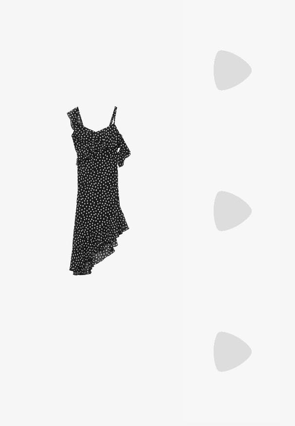 Schwarzes Kleid mit weißen Polka-Dots, mit einem gerafften Oberteil und asymmetrischem Saum, gefertigt aus leichtem, durchscheinendem Stoff.; Weiße High-Heel-Sandale mit einem klobigen Absatz, die über ein Riemchendesign und ein Knöchelband verfügt. Glatte Textur mit einer Plattform vorne für zusätzliche Höhe.; Rechteckige, klare Brillengläser mit einem dünnen, silbernen Metallrahmen und schwarzen Acetat-Enden. Verfügt über minimale Beschläge für ein schlankes Design.; Weiße Schultertasche mit texturierter Oberfläche, zentralem Schnallenakzent und geschwungener Form. Reißverschluss an beiden Seiten.