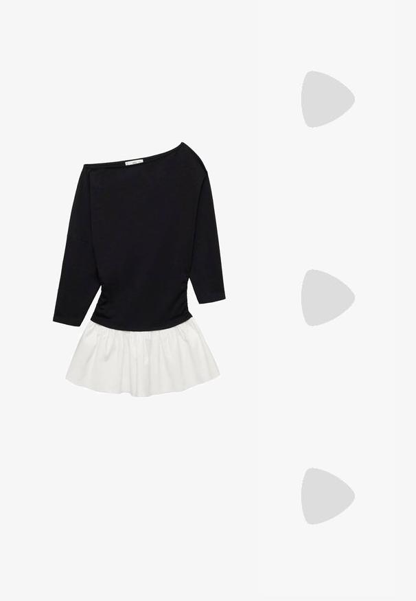 Črn dolg rokav vrh z off-the-shoulder oblikovanjem, nabranimi stranmi in belim širokim dnom, narejenim iz lahkega, teksturiranega materiala.; Črne lakirane slingback pete s koničastim nosom in geometrijsko blokasto peto. Imajo eleganten, minimalističen dizajn in gladko teksturo.; Sončna očala iz kornjačine s poudarjenim, okroglim okvirjem in rjavimi lečami. Imajo subtilne vzorce in ravne, zožene ročke.; Črna usnjena torbica s ukrivljeno obliko, z odstranljivo naramnico in zlatimi dodatki. Torbica ima pokrov s podrobnostmi v obliki zaponke.