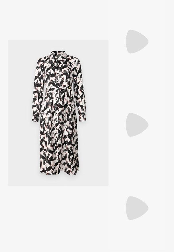 Diane von Furstenberg GIZELLE DRESS - Denní šaty - ivory; Černé kotníkové boty z lesklé kůže s špičatou špičkou a masivním, čtvercovým podpatkem. Vyznačují se hladkou texturou a minimalistickým designem.; Černé obdélníkové sluneční brýle se zrcadlovými skly, plastový rám a kovový logový akcent na spánku. Klasický design s hladkým povrchem.; Černá kožená crossbody taška se dvěma předními kapsami, zlatými přezkami, zipovým uzávěrem a štíhlým popruhem. Texturovaný povrch a kompaktní obdélníkový tvar.