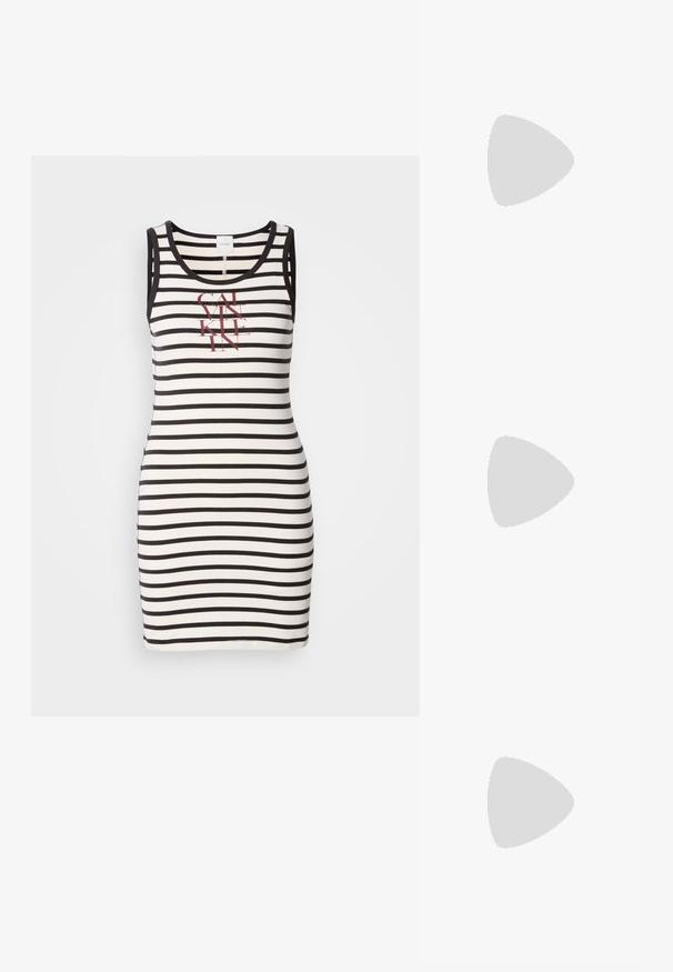 Sleeveless dress made of cotton with black and white horizontal stripes. Features a printed logo in red on the front. Fitted shape.; Black heeled sandals with a slender strap design, square toe, and a mid-height block heel. Made from smooth leather with a matte finish.; Black leather shoulder bag with a smooth texture, curved top, zip closure, and a subtle logo at the front. Features a single flat handle.; Three metal rings: one rose gold, one gold with textured accents, and one silver, all with engraved branding on the inner band.