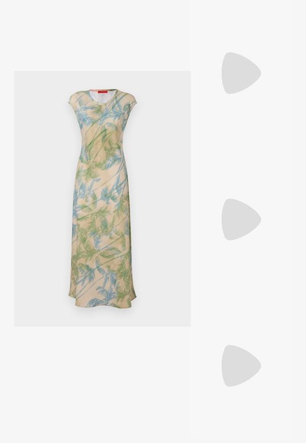 Vestido maxi floral en beige claro, con patrones de hojas de palma en verde y azul, mangas cortas y un corte relajado. Tejido suave con caída.; Tacan de charol negro con tacón alto de slingback, con punta afilada, correa ajustable en el tobillo y un tacón bloque moderado. Textura suave con acabado brillante.; Bolso cruzado de cuero negro con dos bolsillos frontales, hebillas doradas, cierre de cremallera y una correa delgada. Superficie texturizada y forma rectangular compacta.; Collar de oro con un acento central suave y curvado. Presenta una cadena flexible con un cierre de langosta y enlaces de cadena adicionales ajustables.