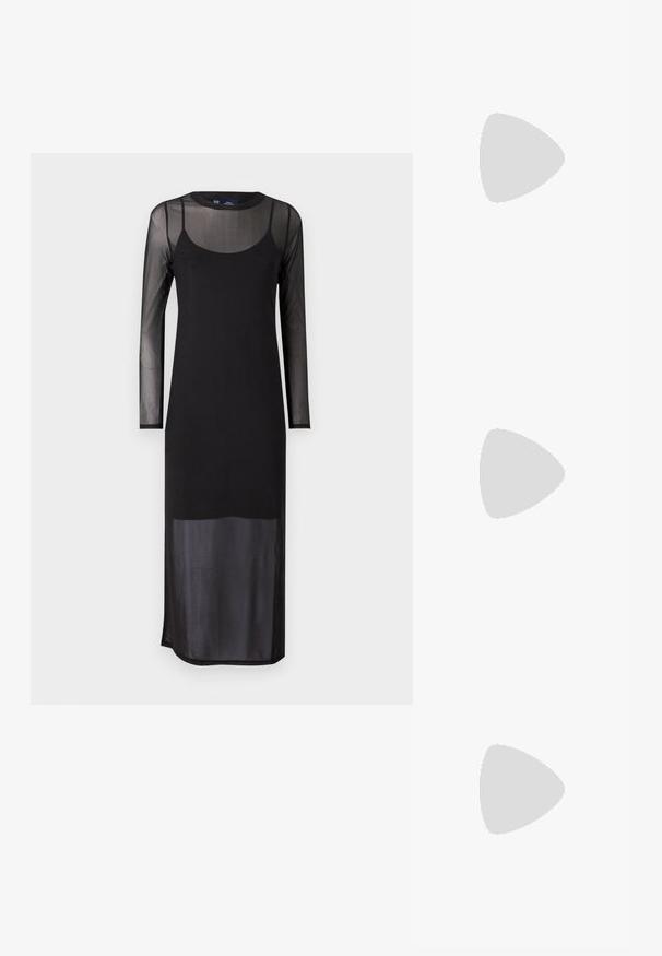 Rochie neagră cu mâneci lungi, cu un overlay din plasă transparentă, având un decolteu rotunjit și o croială ajustată, ajungând până la jumătatea gambei.; Bocanci de cowboy din piele maro, cu vârf ascuțit și toc pătrat, având cusături detaliate și accente ridicate pe tijă.; Geantă de mână din piele neagră, cu clapetă și un detaliu din metal auriu. Include o curea neagră și un design elegant, minimalist.; Cercei din argint cu un design torsadat, având un finisaj lucios și închidere cu tijă. Au un diametru de aproximativ 3 cm.