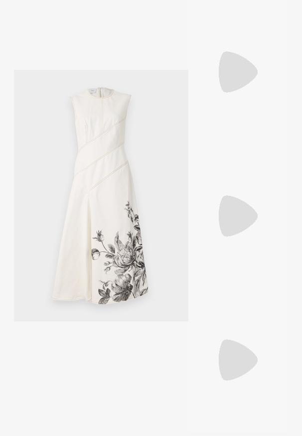 Weißes ärmelloses Kleid mit diagonalen Nähten, taillierter Taille und schwarzem Blumenmuster am Saum. Glattes, strukturiertes Gewebe.; Weißes kurzärmliges T-Shirt aus geripptem Stoff. Runder Halsausschnitt, normale Passform und dezente Nähte. Keine Muster oder Grafiken.; Schwarze Leder-Ballettschuhe mit abgerundeter Spitze, glatter Textur, minimalen Nähdetails und einem flexiblen Sohlen-Design.; Braune Ledertasche mit Klappenverschluss, Beschlägen in Goldfarbe, einem Schultergurt und einer glatten Oberfläche. Kompakte rechteckige Form.