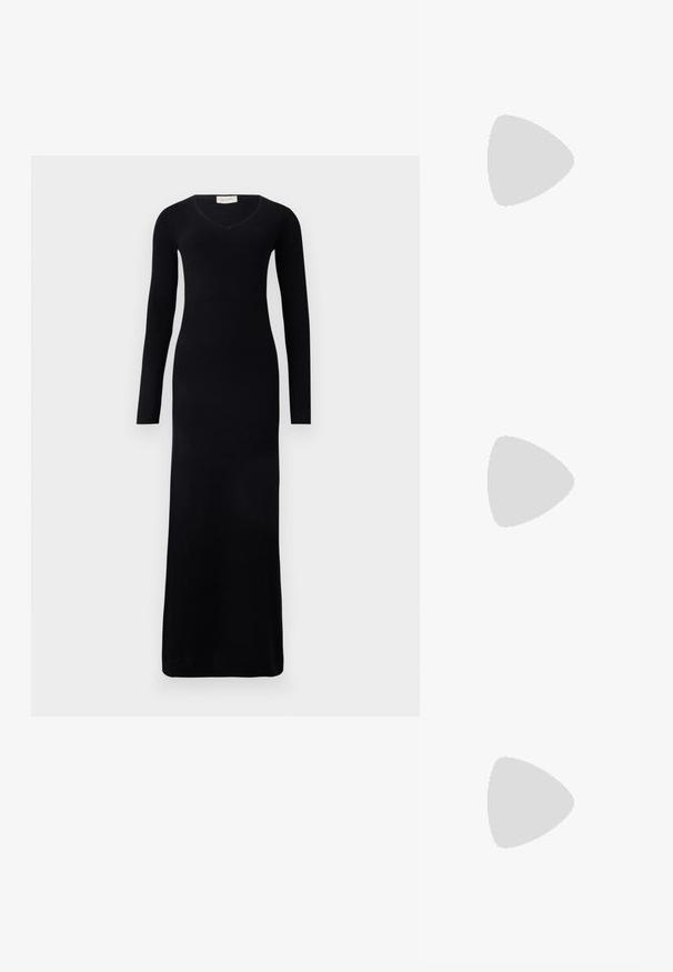 Black ribbed long-sleeve maxi dress with a V-neckline and fitted silhouette, made from a soft knit material. No notable patterns or accents.; White ribbed tank top with a round neckline and a metal accent detail on the shoulder. Soft texture, fitted design, and sleeveless style.; Puffer jacket with a brown and black pattern, paired with a brown snake print mini skirt, black knee-high boots, and a small black bag.; Black leather handbag with a curved design, featuring silver studs, a buckle, and two side pockets. Adjustable strap for carrying options.