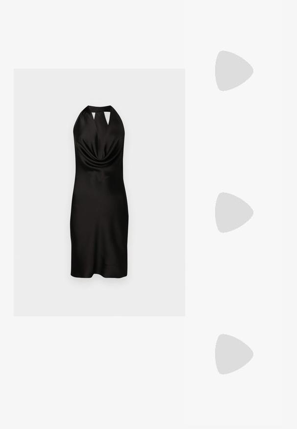 Black satin halter neck dress with a draped front, fitted silhouette, and cut-out detail at the neckline, reaching mid-thigh length.; Black patent slingback heel with a pointed toe, featuring textured snake print, adjustable strap, and a short, textured block heel.; Black leather crossbody bag with two front pockets, gold buckles, zipper closure, and a slim strap. Textured surface and compact rectangular shape.; Gold-tone metal hoop earrings with a curved, elongated shape. Features a smooth, shiny surface and a rounded tip for added detail.