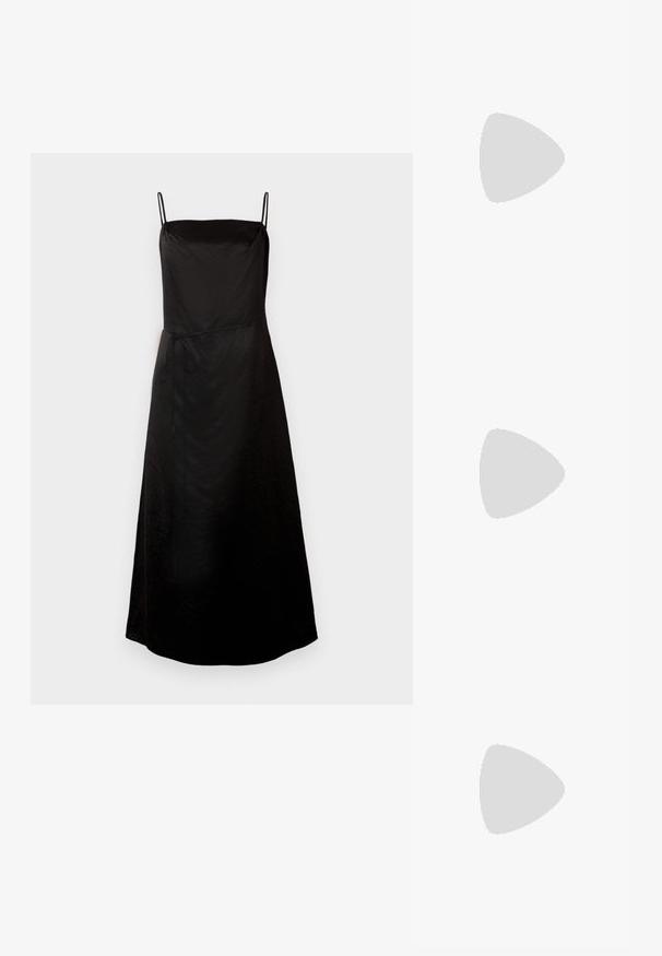 Rochie neagră cu bretele subțiri, cu o siluetă fluidă, având un detaliu cu fundă la talie și o textură subtilă. Design de lungime medie.; Încălțăminte tip flip-flop neagră cu o talpă din cauciuc texturat, două bretele subțiri și un detaliu discret, embosat cu logo pe bretea.; Ochelari de soare pătrați negri cu lentile de un verde închis, având rame îndrăznețe și accente argintii pe laturi. Fabricat în Italia.; Geantă rotundă din paie cu mânere din piele maro și curea detasabilă. Prezintă o frunză verde și două fructe croșetate galbene ca embellishments.