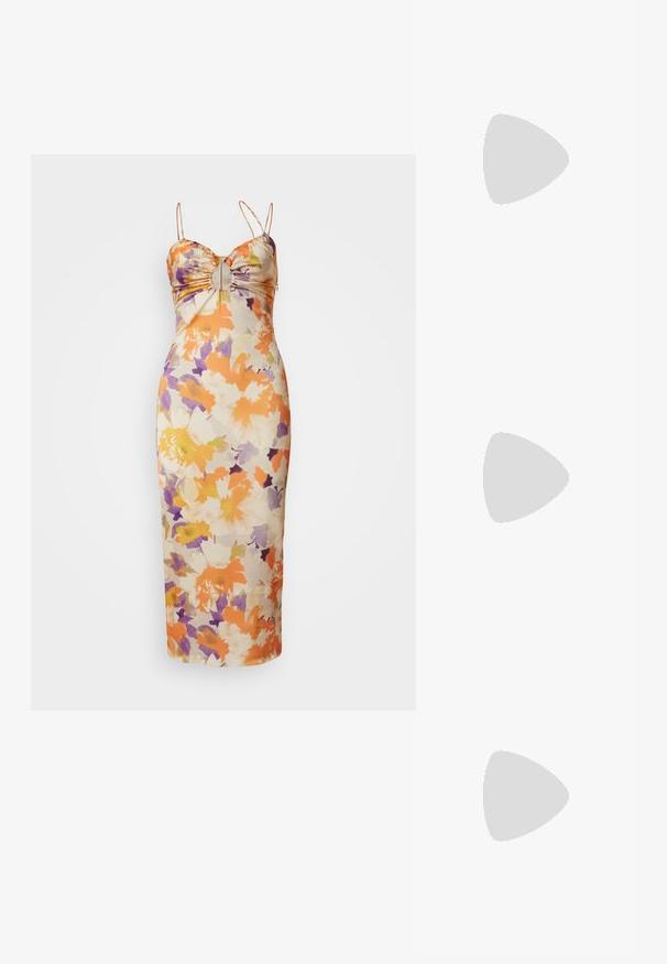 Patrizia Pepe DRESS - Kokteiļkleita/ballīšu kleita - orange sorbet; Melnas ādas sūkņu kurpes ar augstiem papēžiem un norādītu pirkstu dizainu, ar izgriezumu priekšā un plānu stiletto papēdi.; Mascara Vakarsomiņa - gold-coloured/silver-coloured; Zelta apšuvuma kaklarota ar gludu, izliekta centrālo akcentu. Iekļauj elastīgu ķēdi ar homaru slēdzeni un papildu regulējamām ķēdes saitēm.