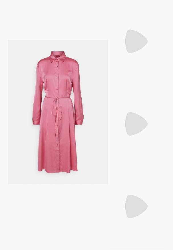 HUGO KLEOMA - Abito a camicia - open pink; Scarpa slingback nera con punta affilata e tacco basso, realizzata in pelle liscia e con un design a taglio laterale per favorire la traspirabilità.; Borsa a tracolla nera in pelle con forma curva, manico sottile, cerniera argentata e logo Calvin Klein sul davanti. Texture liscia e design minimale.; Tre anelli metallici: uno in oro rosa, uno in oro con dettagli in rilievo e uno in argento, tutti con marchi incisi sulla parte interna.