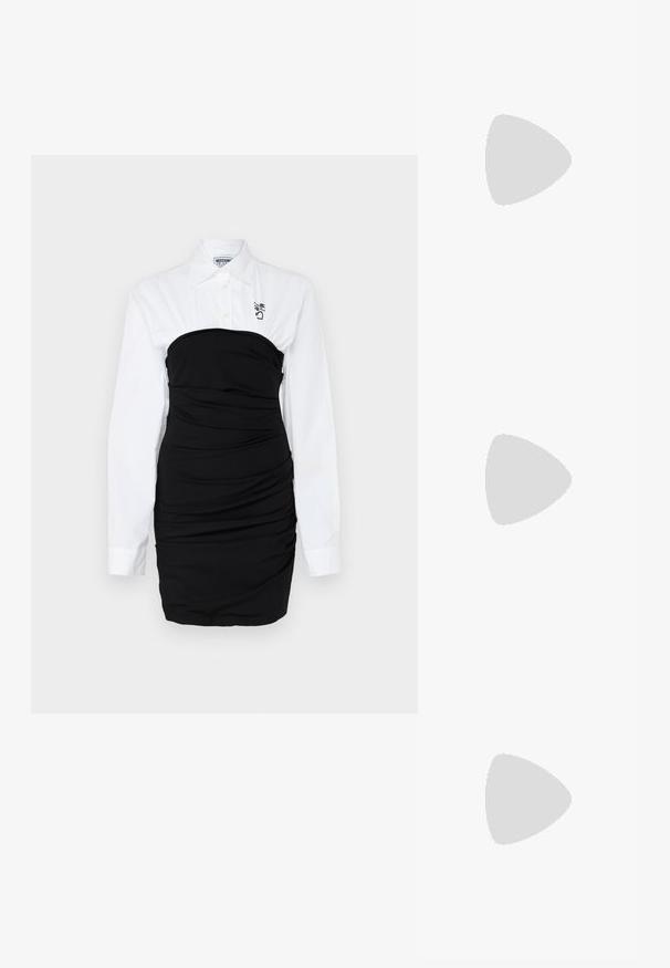 Črna obleka, ki se tesno prilega telesu in ima nabrano obdelavo, z belim ovratnikom in vezenim logotipom na prsih.; Črne usnjene balerinke z zaobljenim nosom, gladko teksturo, minimalnimi šivi in fleksibilno zasnovo podplata.; Črna sintetična torba za ramo s ukrivljeno silhueto, teksturirano površino, zlatim trikotnim logotipom in odstranljivimi dodatki.; Srebrne obročaste uhane z gladko, sijočo površino. Zaobljena oblika, lahka zasnova, z zapiranjem na zatič.