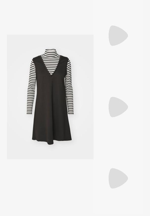 Vestido negro sin mangas con escote en V, superpuesto sobre una camiseta de rayas en blanco y negro de manga larga. Tejido de algodón, corte holgado, rayas verticales.; Camiseta de algodón blanca con un gran gráfico de langosta roja brillante en la parte frontal. Diseño de mangas cortas y cuello redondo estándar.; Zapatilla de lona alta blanca con suela de goma negra, puntera de goma frontal y seis ojetes para los cordones, que presenta un diseño limpio y minimalista.; Bolso de cuero rojo con un diseño angular y geométrico. Cuenta con una única correa ajustable y un cierre de solapa con detalles de costura.