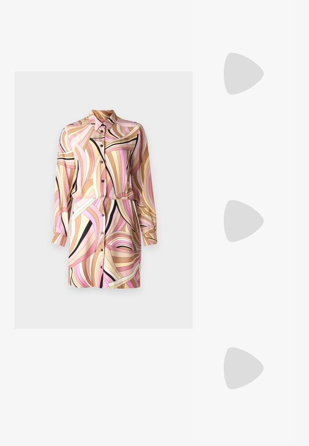 Abito camicia a maniche lunghe con un design a onde multicolore in rosa, oro e nero, dotato di chiusura con bottoni sul davanti e colletto.; Sandali con plateau nudi con design a nodo nella parte superiore, punta aperta, cinturino alla caviglia e tacco largo, realizzati in materiale sintetico liscio.; Gucci Occhiali da sole - gold-coloured/pink; Borsa a mano in pelle verniciata rosa con forma rettangolare, tracolla a catena removibile e dettaglio in hardware argentato sul davanti.