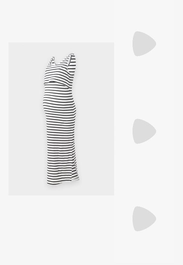 Striped maternity dress in black and white, sleeveless design with a fitted silhouette and side slit, made of ribbed fabric.; Black patent leather slingback heels with a pointed toe, a rounded cutout design, and a block heel. Features a gold-tone buckle accent.; Black handbag with structured shape, smooth texture, and a metallic clasp. Paired with wide black pants and open-toe sandals on wooden floor.; Gold-tone hoop earrings with a smooth, polished finish. Features a half-circle shape and a secure post closure.