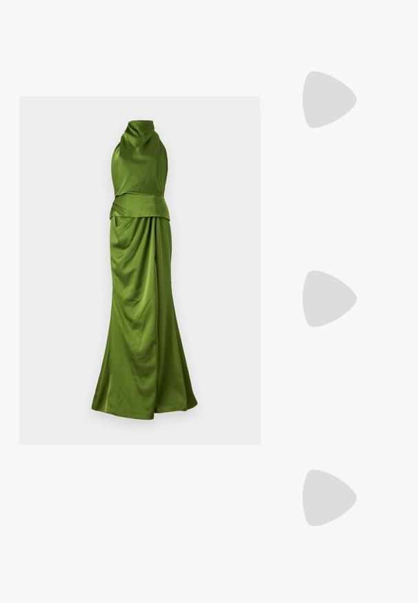 Green satin evening gown with a draped design, halter neck, and flowing skirt. Features a fitted bodice and layered waist detail.; Black patent leather slingback heels with a pointed toe and a small block heel, featuring a silver buckle accent on the strap.; Gucci GG OVERSIZED SQUARE ACETATE SUNGLASSES - Sunglasses - black/brown; Black leather handbag with a curved shape, detachable strap, and gold hardware. The bag features a flap with a buckle detail.
