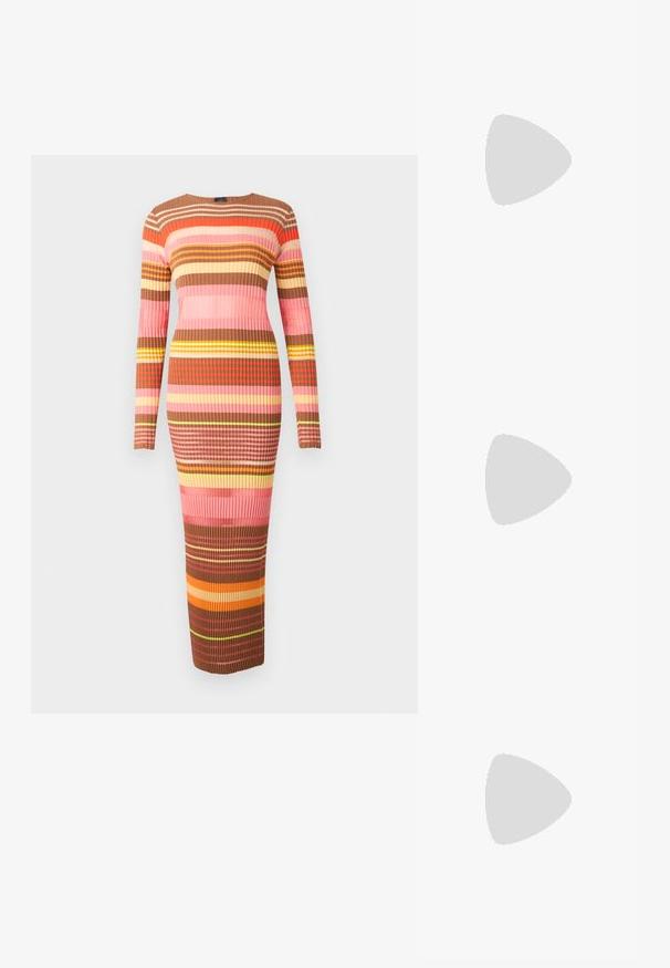 Knit midi dress with long sleeves, featuring horizontal stripes in shades of brown, pink, and yellow. Ribbed texture throughout.; Black patent leather slingback heels with a pointed toe and a geometric block heel. Features a sleek, minimal design and smooth texture.; Black leather handbag with a curved shape, detachable strap, and gold hardware. The bag features a flap with a buckle detail.; Gold ring with textured, wavy design featuring three prominent peaks. Smooth, shiny surface with an open band for adjustable fit.