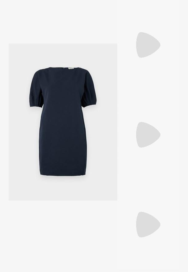 STAUD Day dress - navy; Black leather ballet flat with a rounded toe, smooth texture, minimal stitching detail, and a flexible sole design.; Black leather bucket bag with a textured finish, gold hardware accents, and an open top. Features a short handle and adjustable shoulder strap.; Gold-tone knot stud earrings with a twisted design. Each earring features a circular clear backing for secure wear.