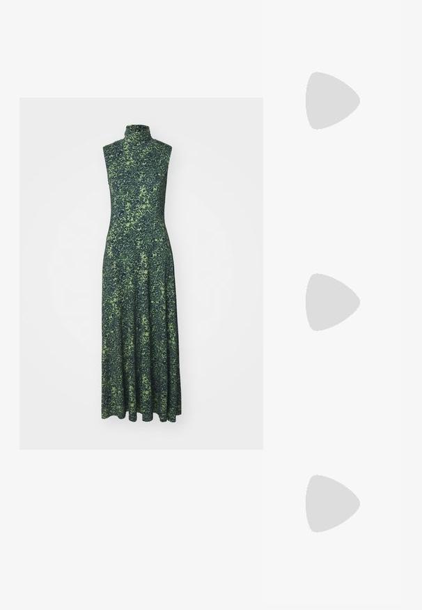 Proenza Schouler White Label JAMIE DRESS IN SHADOW  - Jerseykleid - multi-coloured/dark blue/olive; Schwarzer Leder-Slingback-Schuh mit spitz zulaufender Zehenpartie, dekorativen Riemen mit METALLÖSEN und niedrigem Blockabsatz. Strukturelle Oberfläche.; Schwarze Leder-Eimerhandtasche mit strukturierter Oberfläche, goldenen Hardware-Akzenten und offenem Design. Verfügt über einen kurzen Griff und einen verstellbaren Schultergurt.; Silberne herzförmige Vorhängeschlösser mit eingravierten "JA"- und "NEIN"-Texten, polierte Oberfläche, symmetrisches Design und einem robusten Metallverschluss.