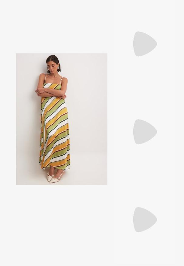NA-KD Maksi suknelė - stripe print; Bežinės patentinės odos slingback kulniukai su smailiu priekiniu kraštu ir prašmatniu kvadratiniu kulnu. Lygus paviršius ir minimalizmo dizainas be puošmenų.; Aukšta pintinė rankinė iš šiaudų, šviesiai rudos spalvos, su išlenkta forma, trumpa rankena ir šoniniu užtrauktuku. Pasižymi tekstūruota paviršiumi ir minimalistiniu dizainu.; Auksinės tonacijos auskarai-žiedai su lygiu, poliruotu paviršiumi. Yra pusmėnulio forma ir patikimas užsegimas.