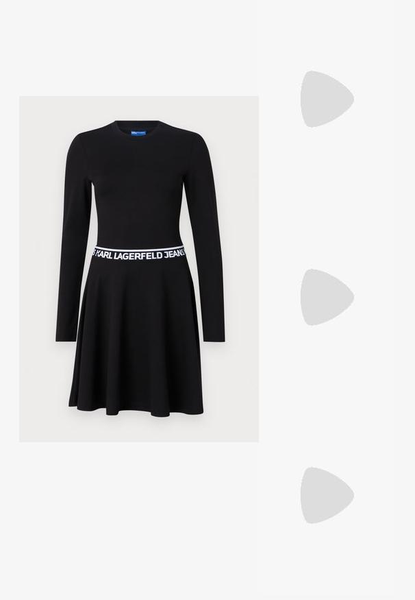 Black long-sleeve dress made of stretch fabric, featuring a fitted bodice, flared skirt, and a white branded elastic waistband.; Black high-heeled sandals feature thin straps with a knotted design, a smooth square toe, and a sleek stiletto heel.; Light gray metallic handbag featuring a chain strap, embellished with small circular metallic studs and a triangular brand logo.; Silver hoop earrings with a smooth, shiny finish. Rounded shape, lightweight design, featuring a post-back closure.