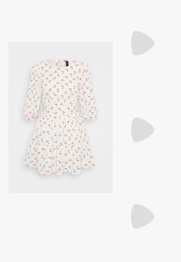 Λευκό φόρεμα με κοντά φουσκωτά μανίκια, με μοτίβο από κόκκινες κερασιές και πράσινα φύλλα. Φουσκωτό φούστα με ρέλια. Ορατό κλείσιμο στην πλάτη.; Σανδάλια slingback σε λευκό δέρμα με πολλές φαρδιές ζώνες και ασημένιες αγκράφες; επίπεδη σόλα με μικρή μαύρη φτέρνα και μεταλλικά αξεσουάρ.; Μαύρα ορθογώνια γυαλιά ηλίου με σκούρους φακούς, γυαλιστερές πλαστικές βάσεις και χρυσές λεπτομέρειες στους κρόταφους. Μινιμαλιστικός σχεδιασμός και κομψό σχήμα.; Κίτρινο πλεκτό πορτοφόλι με καπάκι, αποσπώμενη λωρίδα καρπού και χρυσή αλυσίδα. Λείος υφής και ορθογώνιο σχήμα.; Χρυσά σκουλαρίκια κρίκοι με ομαλή, γυαλιστερή επιφάνεια. Κυκλικός σχεδιασμός που διαθέτει μια μικρή βάση και διαφανή στήριξη για ασφαλή χρήση.