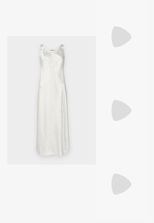 Max Mara Leisure TALETE - Koktel haljina / svečana haljina - bianco; Bijela kožna visoko potpetica s oštrim vrhom, remenom oko članaka i tankom stiletto potpeticom. Glatka tekstura s blagim sjajnim završetkom.; Crna kožna torba za rame s teksturiranom površinom, dvostrukim ručkama i utisnutim "RL" logotipom na prednjoj strani. Pravokutnog oblika, minimalističkog dizajna.; Zlatne metalne naušnice u obliku obruča s zakrivljenim, izduženim oblikom. Imaju glatku, sjajnu površinu i zaobljeni vrh za dodatni detalj.
