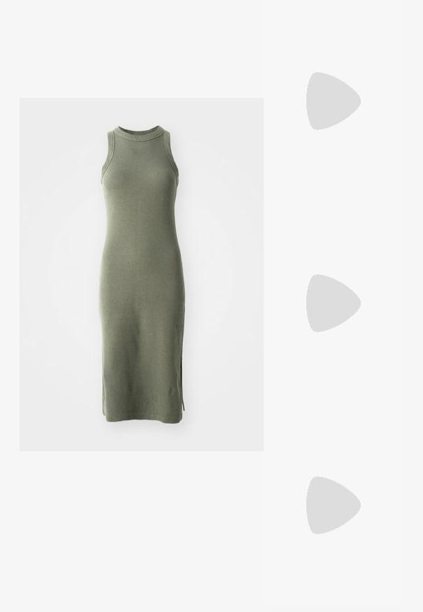 Knit sleeveless dress in olive green, featuring a high neckline, ribbed texture, and side slits for ease of movement.; ALDO CELIE - High heeled sandals - black; Sunglasses with a sleek, silver metal frame, gray tinted lenses, and an aerodynamic design featuring pointed edges and thin arms.; Red leather shoulder bag with a smooth texture, curved design, and a decorative buckle accent. Adjustable strap and zip closure.; Silver hoop earrings in three styles: smooth round, twisted round, and heart-shaped. Featuring simple clasps and a polished finish.
