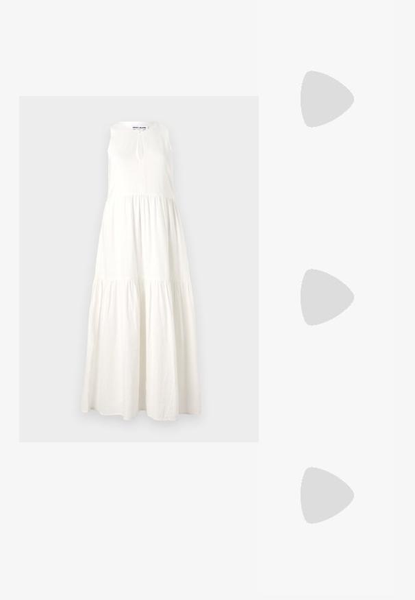 White sleeveless maxi dress with a tiered design, featuring a keyhole detail at the neckline and a flowing, lightweight texture.; Brown and cream sneakers with a combination of suede and satin materials, featuring three diagonal stripes and a textured gum sole.; Black leather hobo bag with a single, soft, rounded handle; features a smooth texture and a minimalist design. No visible hardware or accents.; Gold hoop earrings with a textured, irregular shape. Features a seamless closure and a polished surface finish, emphasizing a modern design.