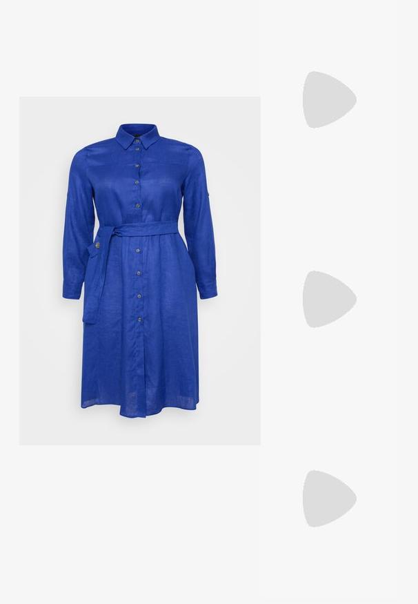 Abito camicia in lino blu con colletto, maniche lunghe, chiusura a bottoni e cintura legata in vita. Presenta una texture liscia e una leggera lucentezza.; Ballerina nera in pelle con punta rotonda, dotata di un fiocco decorativo e una finitura liscia. Design minimalista con suola piatta e bassa.; Occhiali da sole neri a forma di occhio di gatto con finitura opaca, dotati di lenti grigie, angoli acuti e stanghette slanciate. Nome del marchio visibile all'interno della stanghetta.; Orecchini a cerchio in argento con una finitura liscia e lucida. Forma rotonda e chiusura a scatto sicura. Design leggero adatto per l'uso quotidiano.