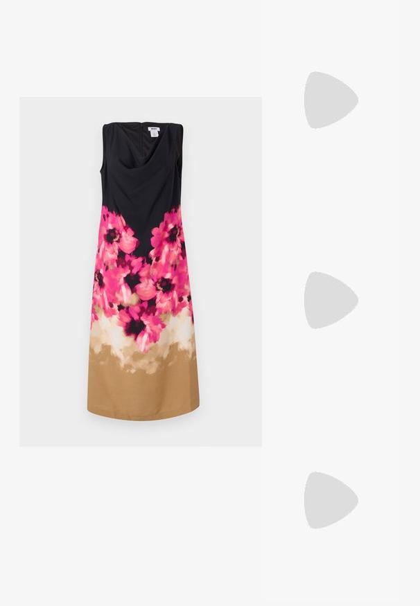 Abito senza maniche nero con scollatura a drappo. Design floreale in rosa e nero in vita, che si trasforma in un tessuto solido color sabbia all'orlo.; Sandali neri con tacco alto presentano sottili cinturini con design annodato, una punta quadrata liscia e un elegante tacco a spillo.; Borsa a mano metallica grigia chiara con tracolla a catena, impreziosita da piccoli chiodi metallici circolari e da un logo triangolare del marchio.; Orecchini a cerchio in argento con una finitura liscia e lucente. Forma arrotondata, design leggero, con chiusura a perno.