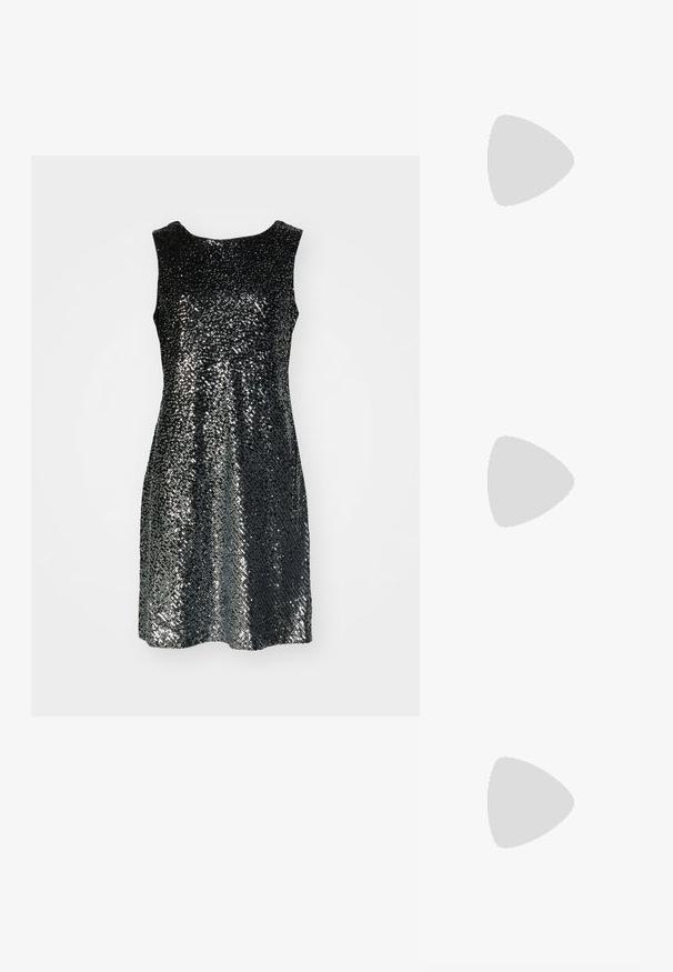 Abito nero senza maniche coperto di piccole paillettes, che creano un effetto luccicante. Semplice scollatura tonda e silhouette a trapezio.; Sneaker bassa bianca con tassello nero sul tallone, suola a piattaforma, lacci e logo "CK" di Calvin Klein sul lato.; Clutch bag in pelle nera con forma rettangolare, texture liscia, chiusura a patta piatta e un piccolo manico laterale. Presenta un logo sottile.; Orecchini in metallo argento caratterizzati da forme arrotondate, con una finitura lucida e delicate incisioni del marchio "BOSS" nelle sezioni inferiori.