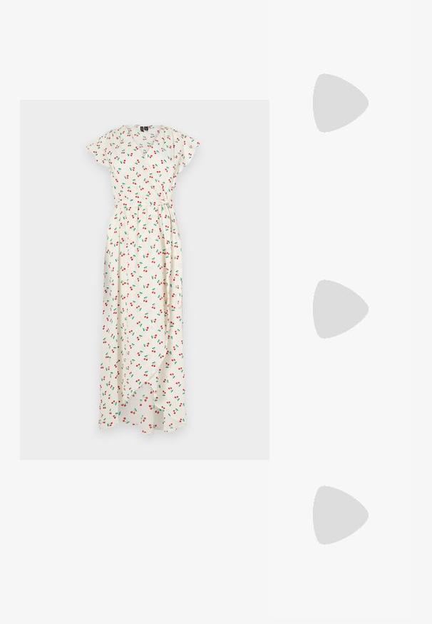 White, floral wrap dress featuring a cherry pattern in red and green, short sleeves, and an asymmetrical hemline. Made of lightweight fabric.; Black patent leather slingback heels with a pointed toe and a geometric block heel. Features a sleek, minimal design and smooth texture.; Black leather tote bag with smooth texture, rectangular shape, and two long handles. No visible hardware or embellishments.; Gold-tone hoop earrings with a smooth, polished finish. Features a half-circle shape and a secure post closure.