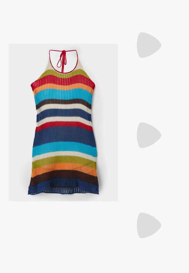 Knit halter dress featuring multicolored stripes in red, blue, green, orange, and brown. Open weave texture with a tied neck closure.; Black patent leather stiletto heel pump with a pointed toe and smooth, shiny texture; tall, slender heel; minimalistic design.; Tortoiseshell eyeglasses with oval lenses and a sleek, smooth finish. Features thin sides with a subtle curve at the temples. Clear lenses.; Brown leather hobo bag with a rounded shape, featuring a gold hardware accent and contrast stitching. Paired with a denim shirt and jeans.