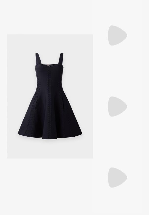 Black dress with a fitted bodice and flared skirt. Made from textured fabric featuring diagonal pattern details. Adjustable shoulder straps.; Black patent leather flat shoe with a squared toe, ankle strap featuring silver hardware, and flat sole. Smooth texture with minimalist design.; Black leather handbag with fringe details, gold chain shoulder strap, and a cut-out handle. Features logo placement on the front.; Gold-tone earrings with multiple cascading chains, featuring clear oval rhinestone accents and decorative stud tops.