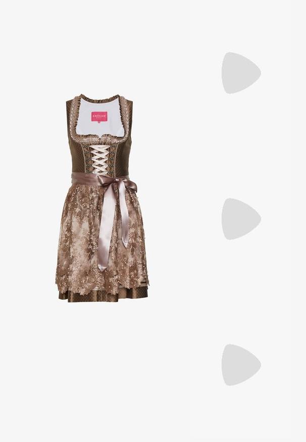 Brown dirndl dress with a fitted bodice, lace-up front, floral embroidered skirt, satin ribbon belt, and ruffled neckline detail.; White sleeveless top with a round neckline. Made of smooth fabric, it features a relaxed fit and minimalist design. No patterns or accents.; White high-heeled sandal with a chunky heel, featuring a strappy design and ankle tie. Smooth texture with a platform front for added height.; White shoulder bag with a textured finish, a central buckle accent, and a curved shape. Zipper closures on both sides.