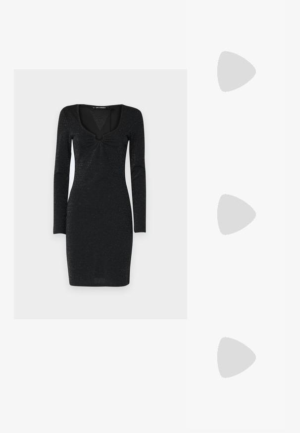KARL LAGERFELD FAN DRESS - Džersio suknelė - black lurex; Baltos odinės sportbačiai su storu baltu padu, juodu nubuko kulno akcentu ir iškilmingu logotipu šone. Su raišteliais, turinčiais šešis akinius.; Juodos didelės saulės akinių su geometrine forma, turinčiais tamsius objektyvus ir kontrastingą pilką detalę ant rėmelio. Logotipas ant šalon.; Sidabriniai metaliniai auskarai su lygiu, ašaros formos dizainu ir blizgiu paviršiumi. Subtilūs raižiniai prideda detalumo. Minimalistinis dizainas.