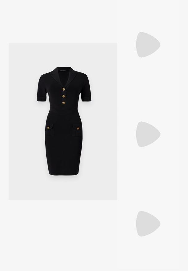 Vestido negro ajustado con mangas cortas, cuello con solapa, cinco botones dorados y dos bolsillos frontales con botones a juego. Textura de tela suave.; Las sandalias negras de tacón alto presentan finas correas con un diseño anudado, una punta cuadrada suave y un elegante tacón de aguja.; Bolso de mano metálico gris claro con una cadena como asa, adornado con pequeños remaches metálicos circulares y un logotipo de marca en forma triangular.; Aros de plata en forma de aro con un acabado liso y brillante. Diseño redondeado y ligero, con cierre de tipo post-back.