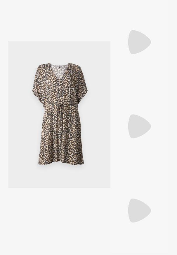 Leopardi mustriga kleit kergest kangast, V-kaeluse, lühikeste lendavate varrukate, elastse vöökohaga ja voolava siluetiga.; Mustad musta lakknahk kingad, millel on terav varvas ja geomeetriline plokkkonts. Omab elegantselt minimalistlikku disaini ja sujuvat tekstuuri.; Pruunid kilpkonnaläätsed ovaalsete objektiividega, õhukesed kaared ja läbipaistvad aktsendid. Templi peal on peene logoga. Sujuv, kergesti kandmiseks mõeldud disain.; Mustmust mustraha kõverate joontega, eemaldatava rihmaga ja kuldsete detailidega. Kotil on klapp, millel on pandladetail.