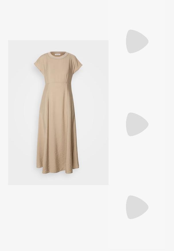 Beige midi dress made of soft, textured fabric with a crew neck, cap sleeves, and a flared silhouette, featuring a fitted waist.; Black patent leather slingback heels with a pointed toe and a geometric block heel. Features a sleek, minimal design and smooth texture.; Tortoiseshell sunglasses with a rounded, chunky frame and brown lenses. Features subtle patterns and straight, tapered arms.; Black leather handbag with a curved shape, detachable strap, and gold hardware. The bag features a flap with a buckle detail.